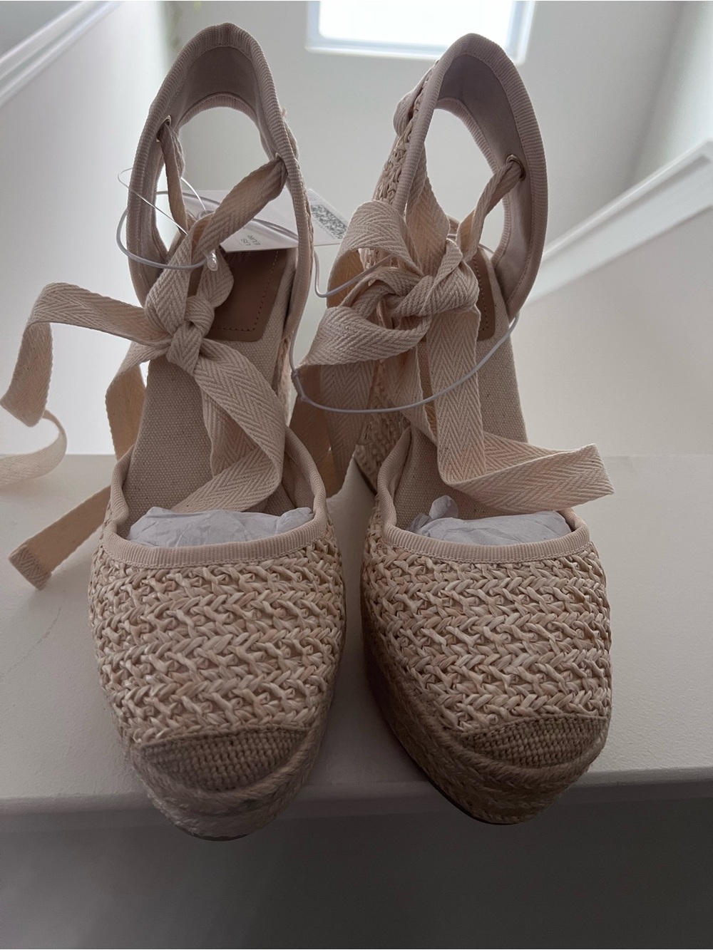 Cream Espadrille Wedge Sandals with Ankle Tie